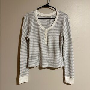 Abercrombie & Fitch White and Gray Striped Thermal Henley Top